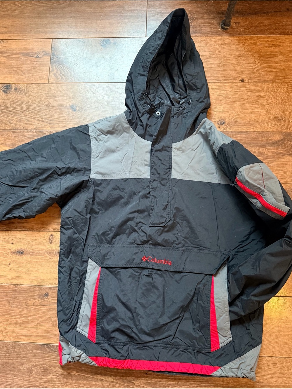 Columbia Black & Gray Hooded Rain Anorak with Red Accents